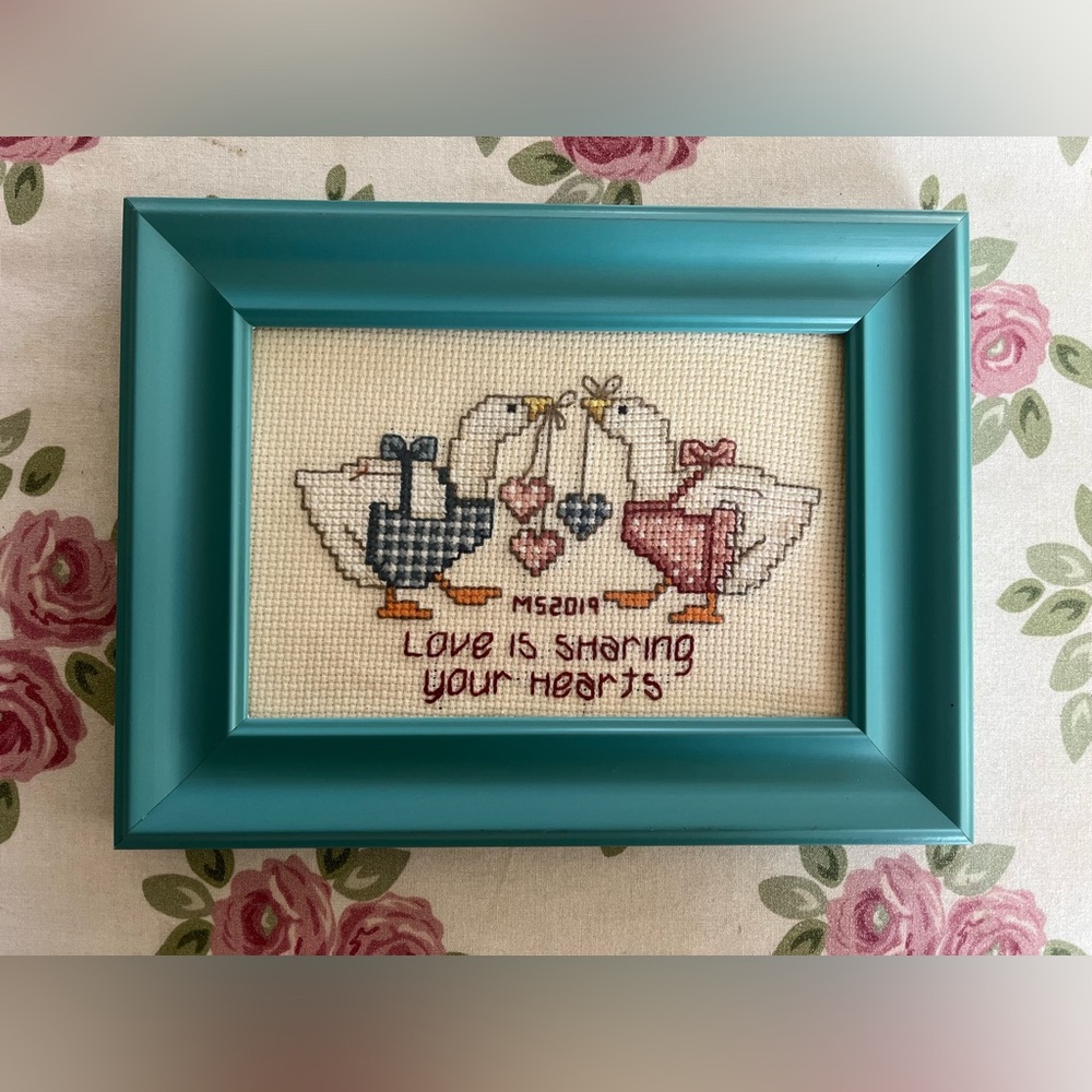 Cottagecore Cross Stitch Ducks Handmade Wall Decor Blue Frame Femme Coquette